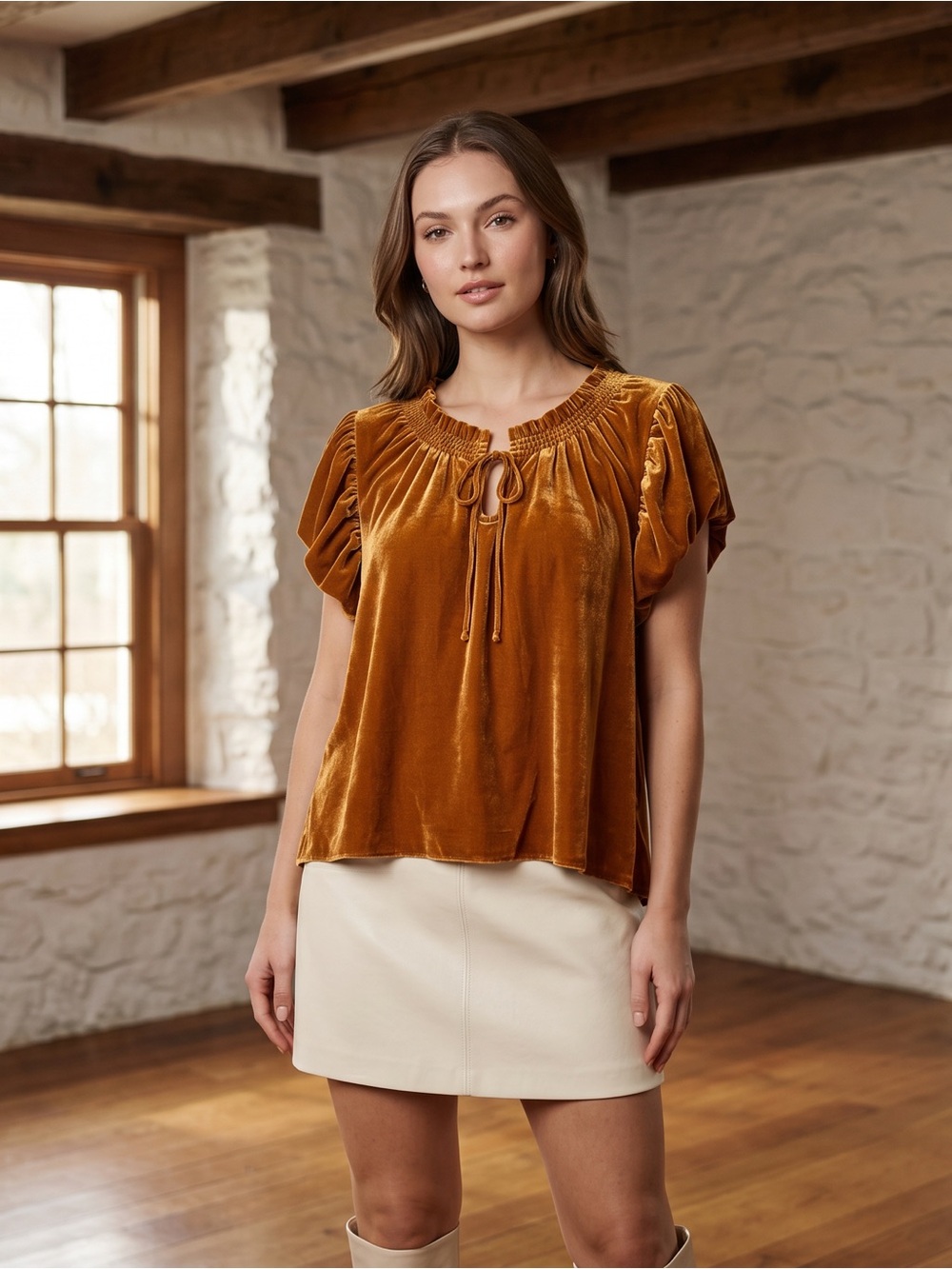 Free People Velvet Tie-Neck Puff Sleeve Top - Rust